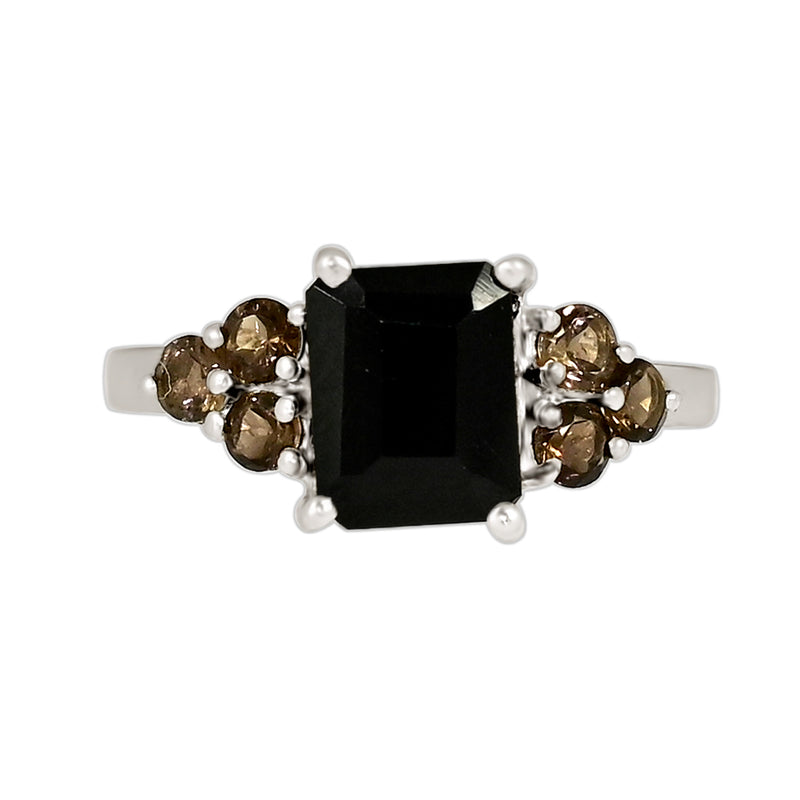 7*9 MM Octo & 3*3 MM Round - Black Onyx Faceted With Smokey Quartz Ring - R5271BOWS