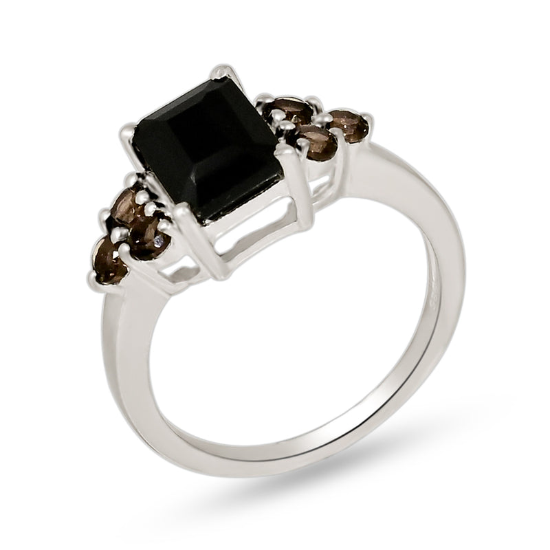 7*9 MM Octo & 3*3 MM Round - Black Onyx Faceted With Smokey Quartz Ring - R5271BOWS