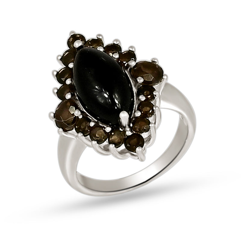 7*14 MM Marquise & 2.5, 4 MM Round - Black Onyx Faceted With Smokey Quartz Ring - R5275BWS