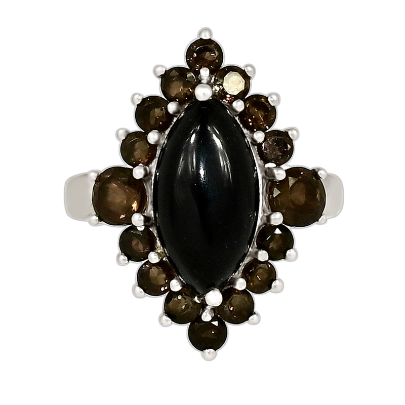 7*14 MM Marquise & 2.5, 4 MM Round - Black Onyx Faceted With Smokey Quartz Ring - R5275BWS