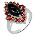7*14 MM Marquise & 2.5, 4 MM Round - Black Onyx Faceted With Garnet Faceted Ring - R5275BWG