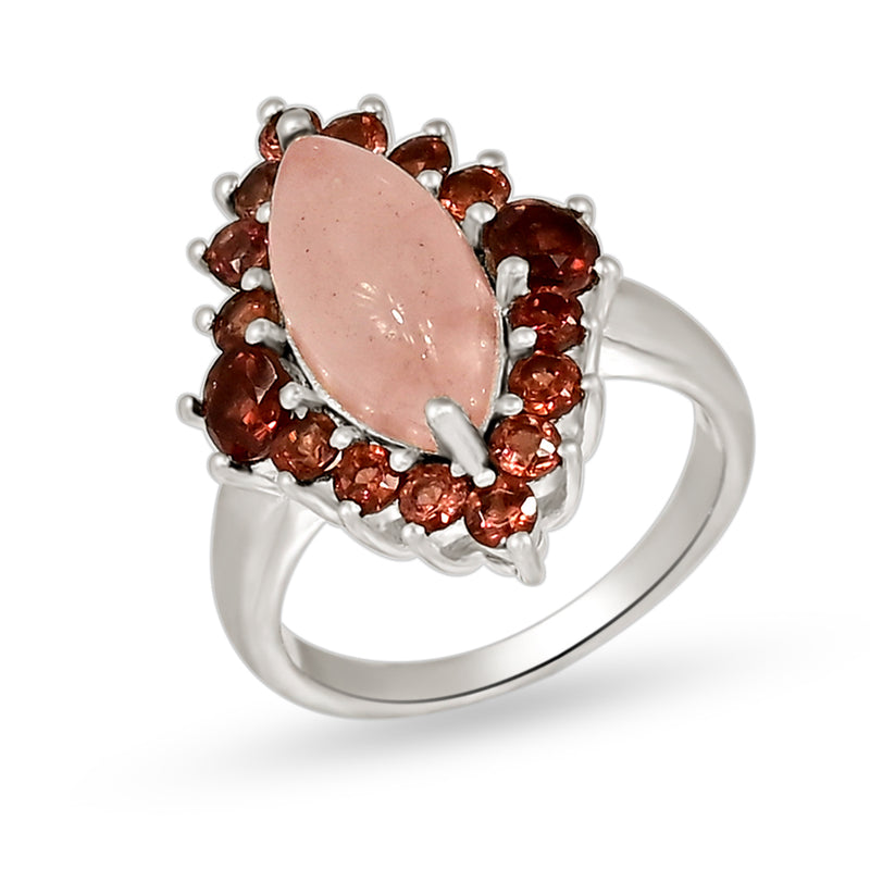 7*14 MM Marquise & 2.5, 4 MM Round - Rose Quartz With Garnet Faceted Ring - R5275RQWG