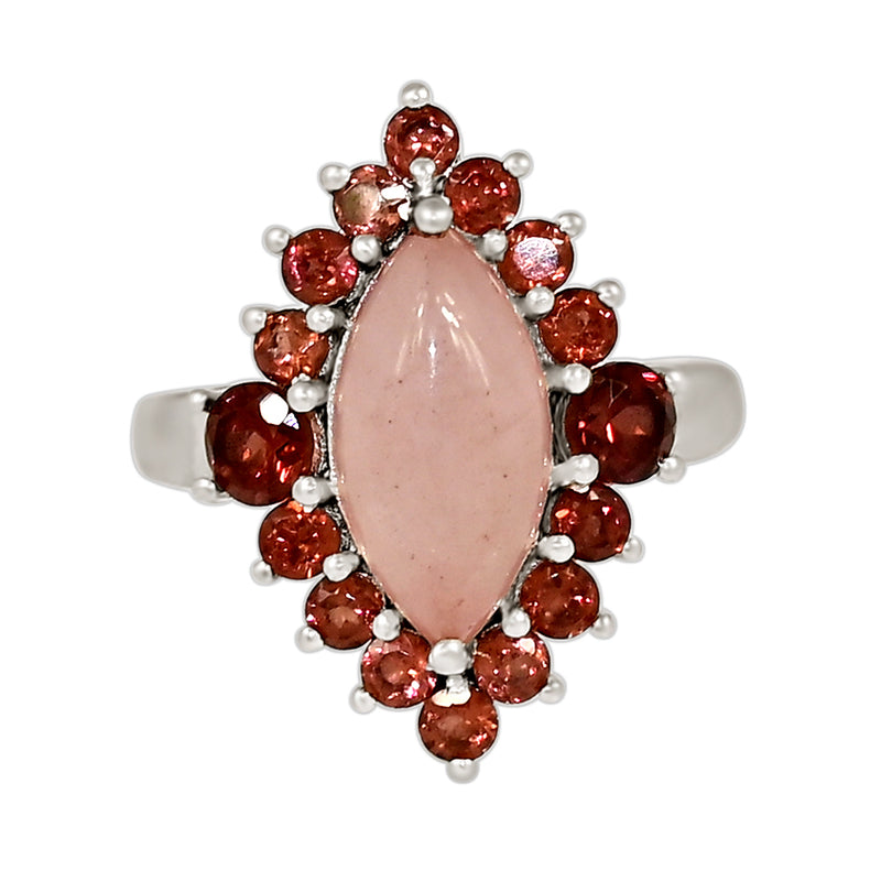7*14 MM Marquise & 2.5, 4 MM Round - Rose Quartz With Garnet Faceted Ring - R5275RQWG