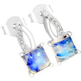 5*5 MM Square - Rainbow Moonstone With Cz Earrings - RMSE10