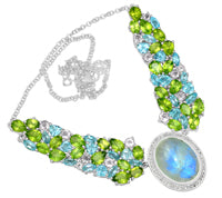 15*20 MM Oval - Rainbow Moonstone, Peridot, Blue Topaz With CZ Necklace - RMSN37