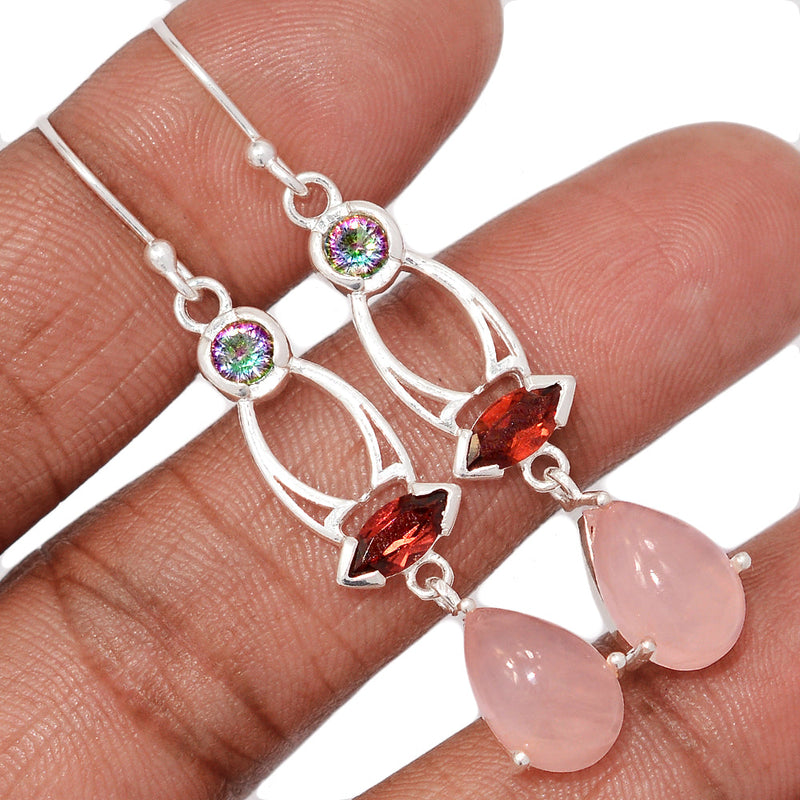 2.1" Designer - Rose Quartz, Garnet & Rainbow Topaz Earrings - RQZE1