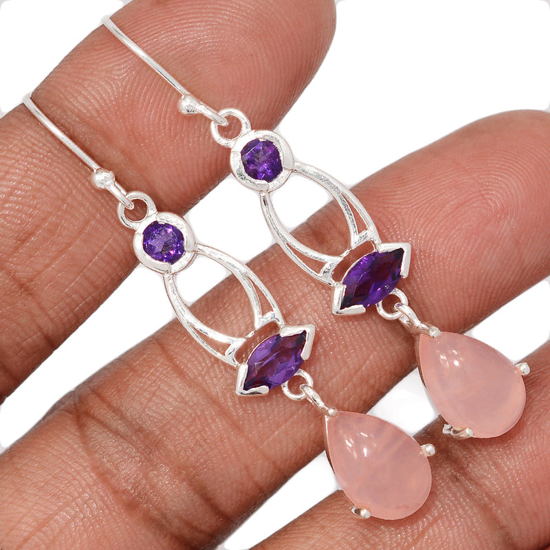 2.1" Designer - Rose Quartz & Amethyst Faceted Earrings - RQZE2