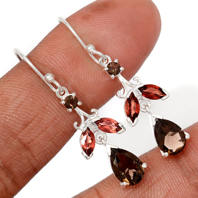 1.6" Designer - Smokey Quartz & Garnet Faceted Earrings - SMQE988