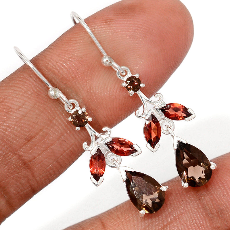 1.6" Designer - Smokey Quartz & Garnet Faceted Earrings - SMQE990