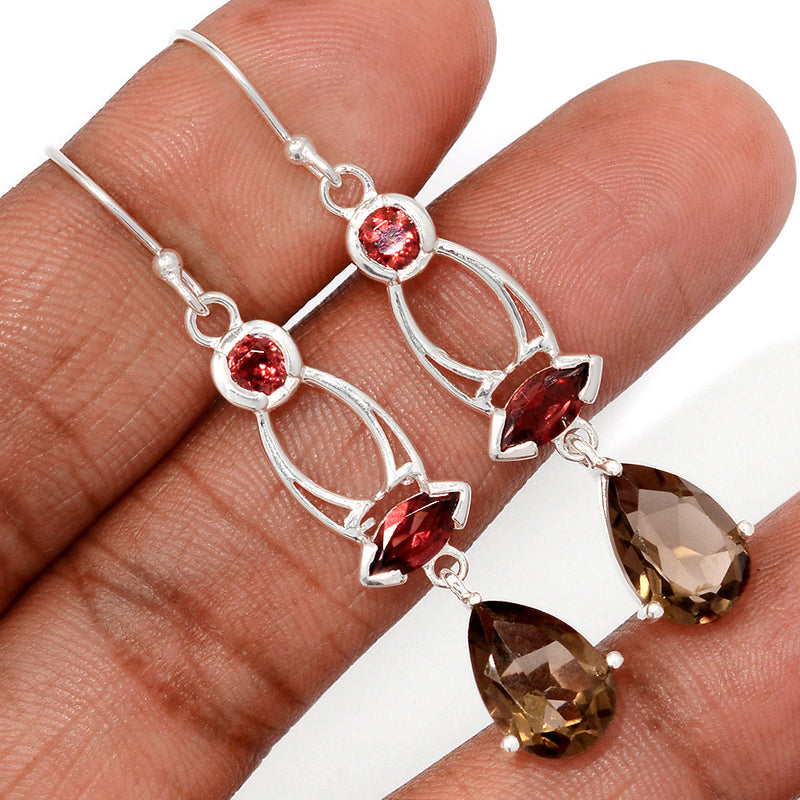 2.1" Designer - Smokey Quartz & Garnet Faceted Earrings - SMQE991
