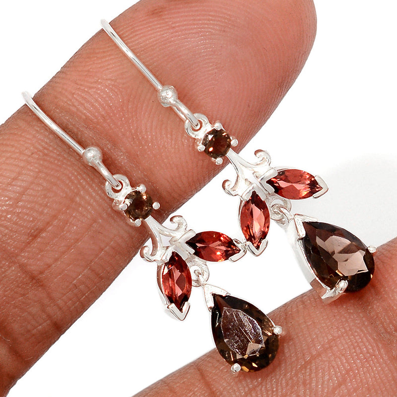 1.6" Designer - Smokey Quartz & Garnet Faceted Earrings - SMQE992