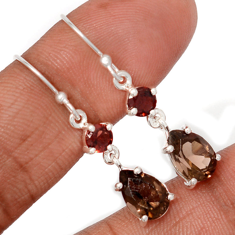 1.5" Designer - Smokey Quartz & Garnet Faceted Earrings - SMQE993