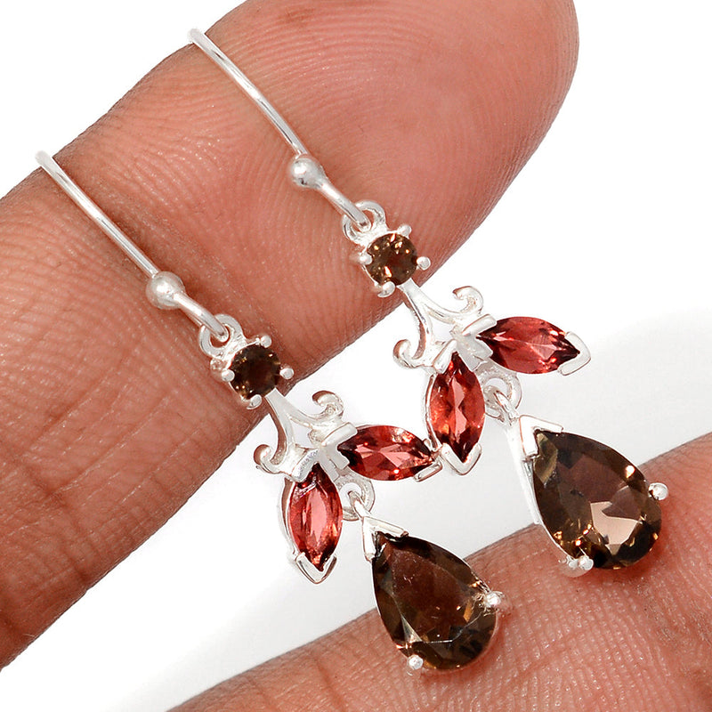 1.5" Designer - Smokey Quartz & Garnet Faceted Earrings - SMQE994
