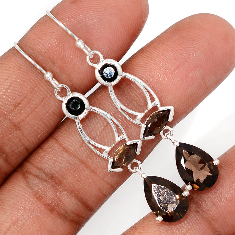 2.1" Designer - Smokey Quartz & Black Onyx Faceted Earrings - SMQE995