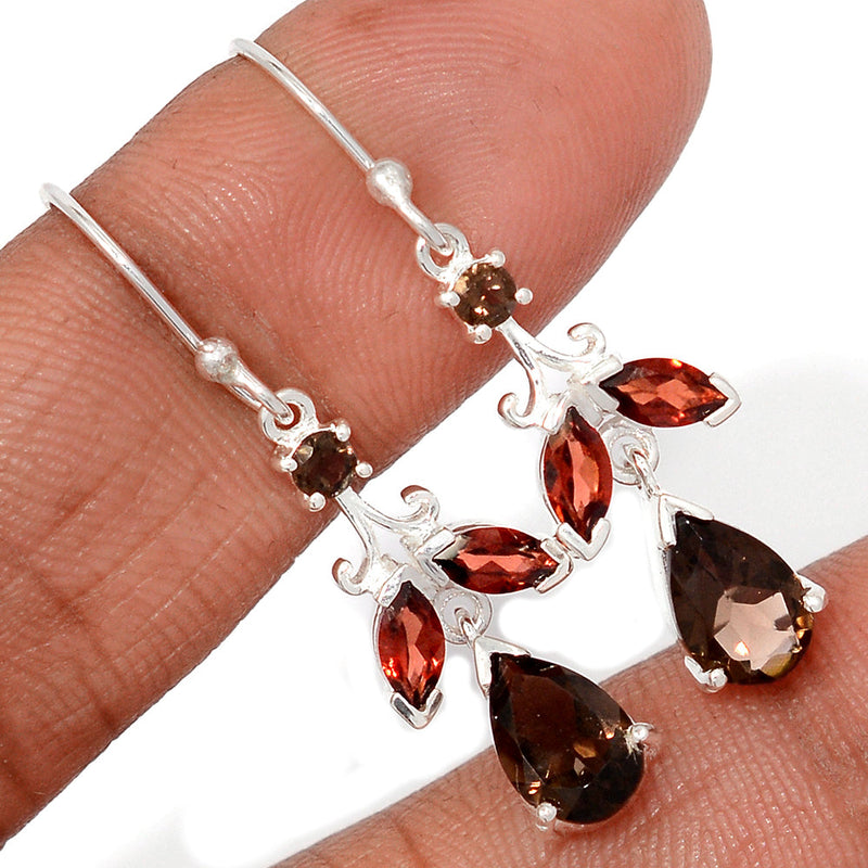 1.5" Designer - Smokey Quartz & Garnet Faceted Earrings - SMQE996