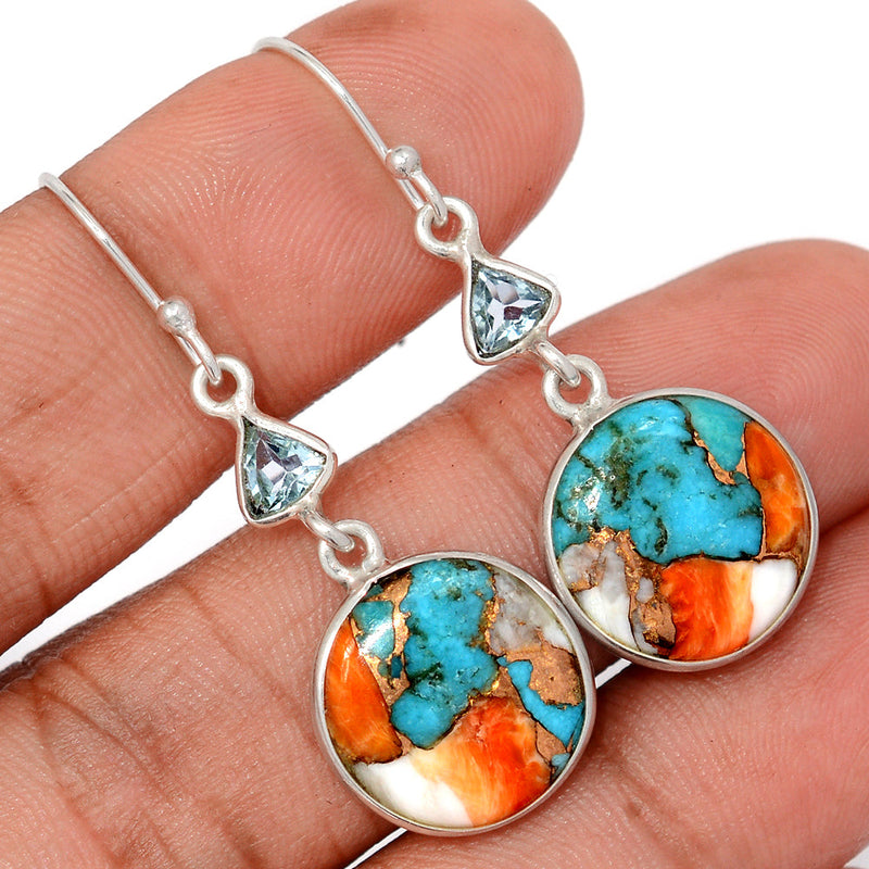 1.7" Spiny Oyster Arizona Turquoise & Blue Topaz Earrings - SOTE782