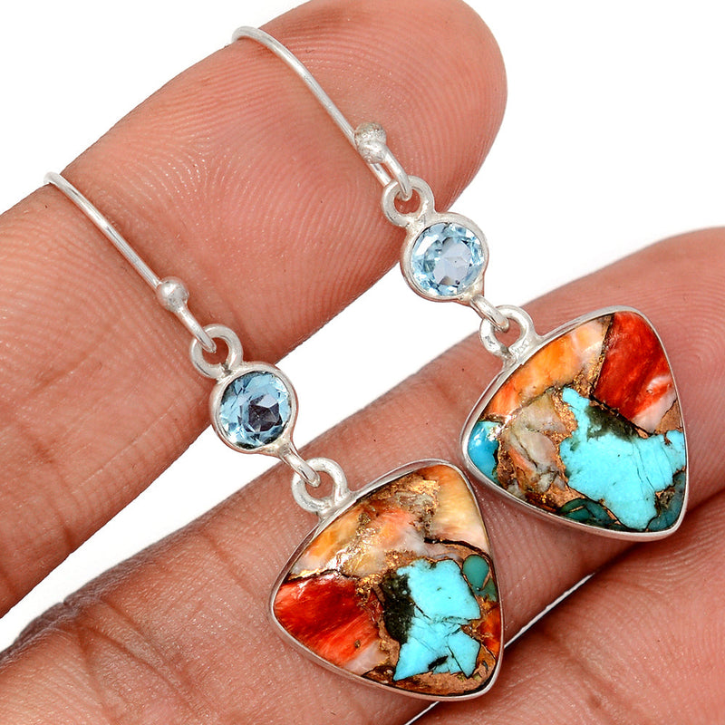 1.7" Spiny Oyster Arizona Turquoise & Blue Topaz Earrings - SOTE783