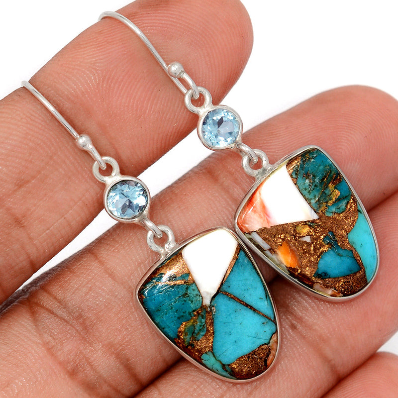 1.8" Spiny Oyster Arizona Turquoise & Blue Topaz Earrings - SOTE788