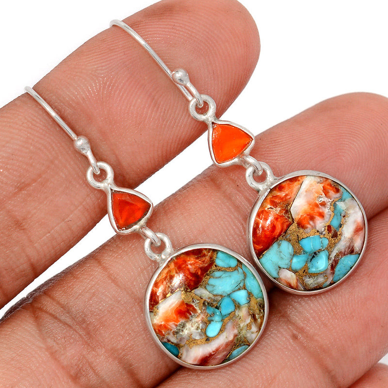 1.7" Spiny Oyster Arizona Turquoise & Carnelian Faceted Earrings - SOTE793