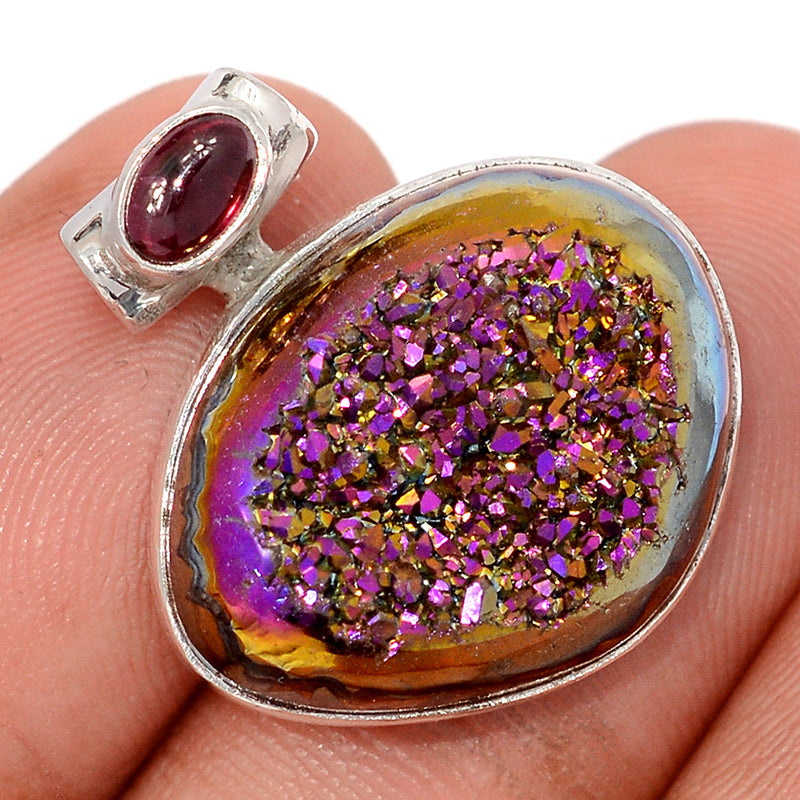 1" Titanium Aura Druzy & Garnet Cabochon Pendants - TWDP956