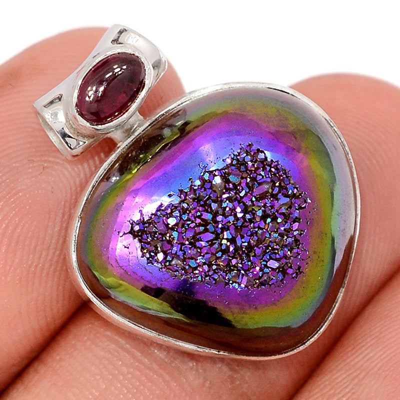 1" Titanium Aura Druzy & Garnet Cabochon Pendants - TWDP957