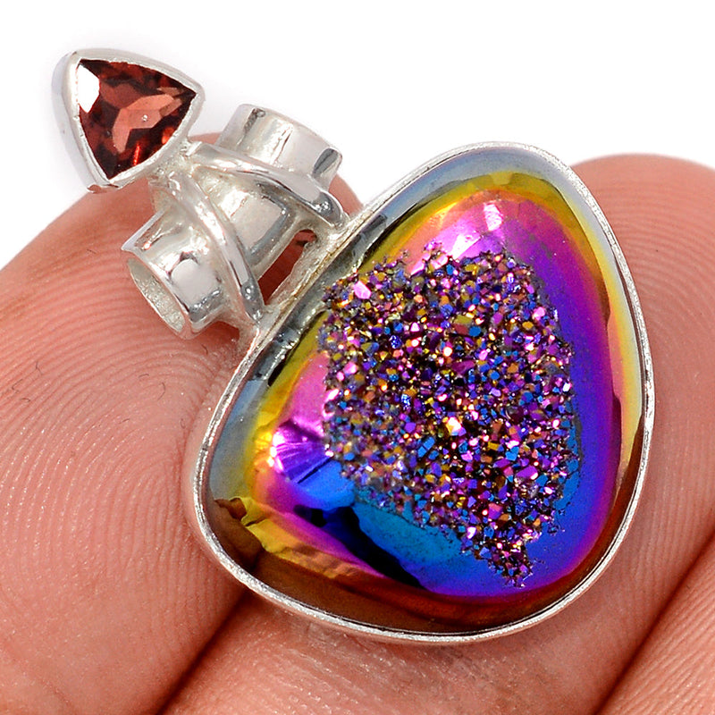 1.2" Titanium Aura Druzy & Garnet Faceted Pendants - TWDP958