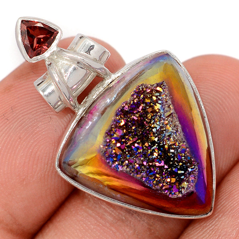 1.5" Titanium Aura Druzy & Garnet Faceted Pendants - TWDP959