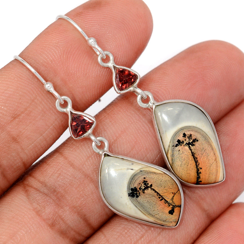 2" White Maligano Jasper & Garnet Faceted Earrings - WMJE100
