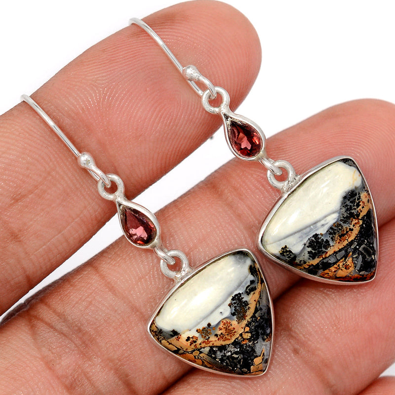 1.7" White Maligano Jasper & Garnet Faceted Earrings - WMJE95