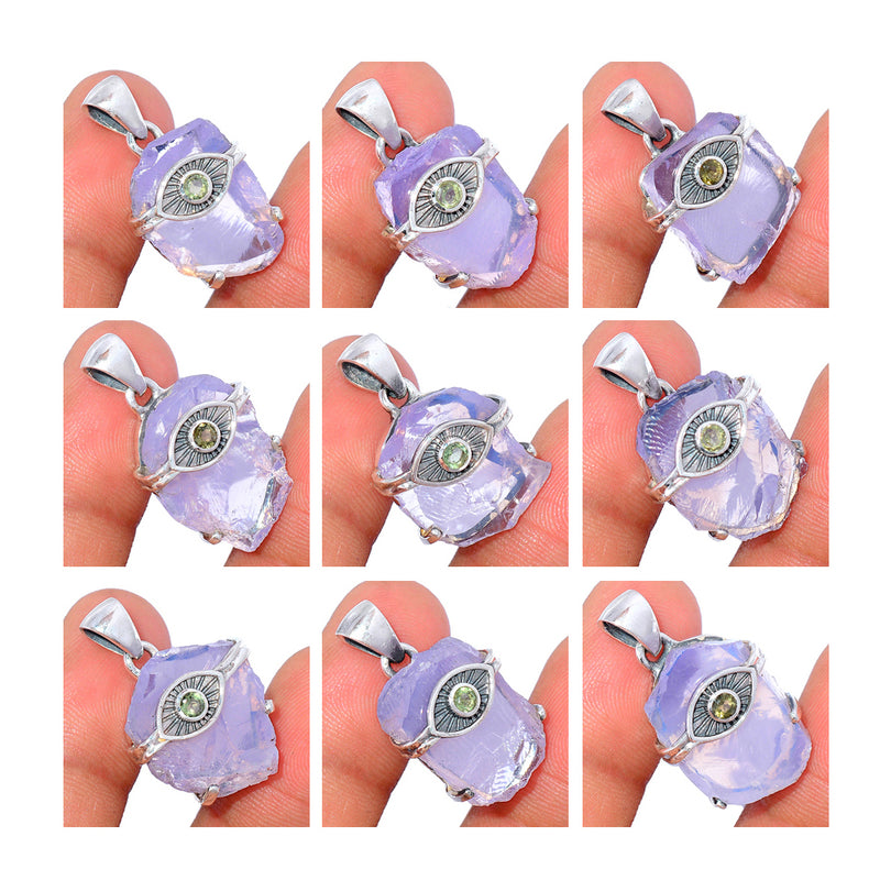 7 Pieces Mix Lot - Claw Setting - Evil Eye - Lavender Quartz Rough With Moldavite Faceted Pendants - GLDJP1