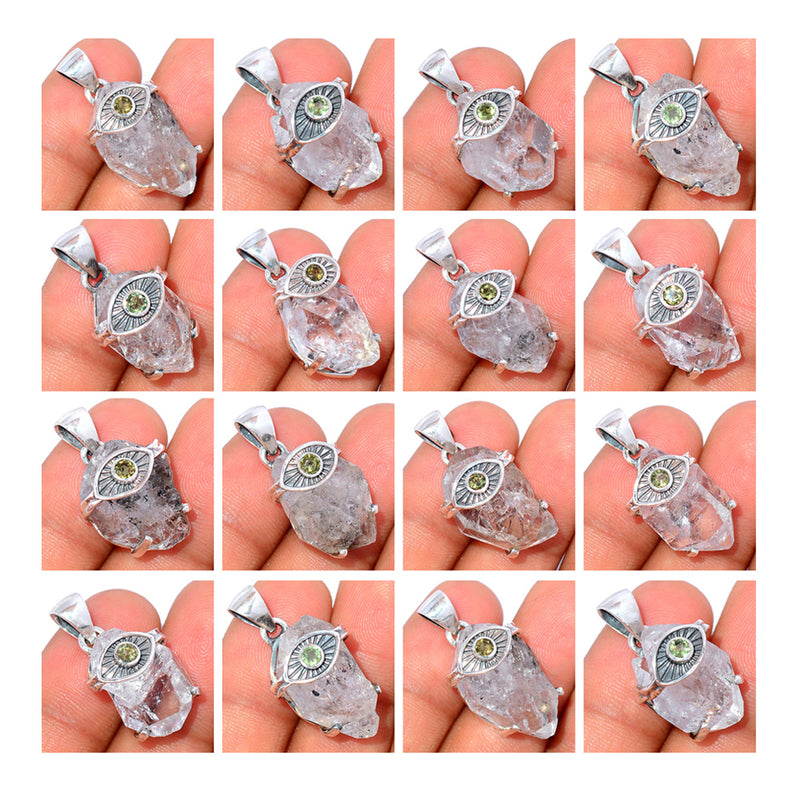 15 Pieces Mix Lot - Claw Setting - Evil Eye - Herkimer Diamond With Moldavite Faceted Pendants - GHKDP5