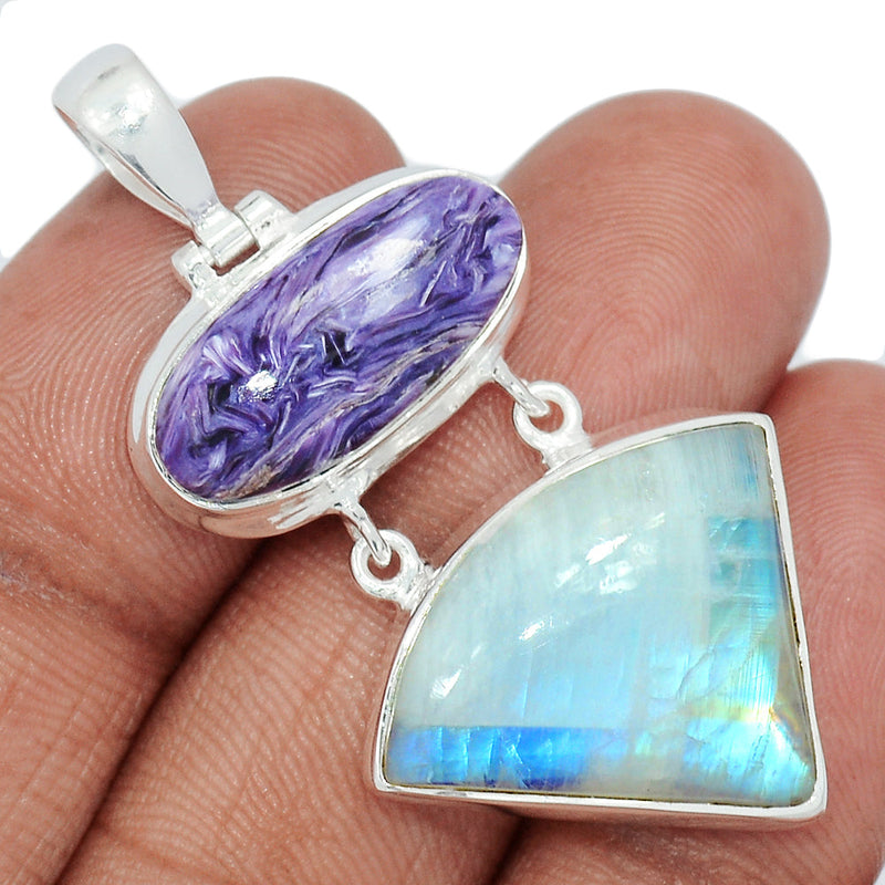 1.8" Blue Fire Moonstone With Charoite Pendants - BFMP2338