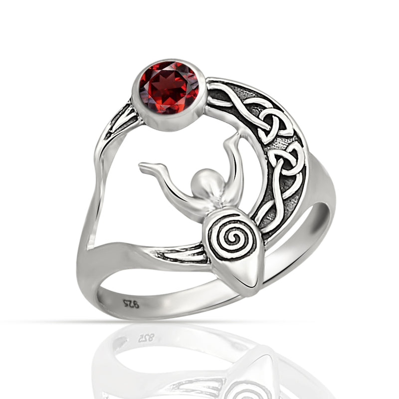 Celtic Goddess Moon - Garnet Faceted Silver Ring - CCR502-GRF Catalogue