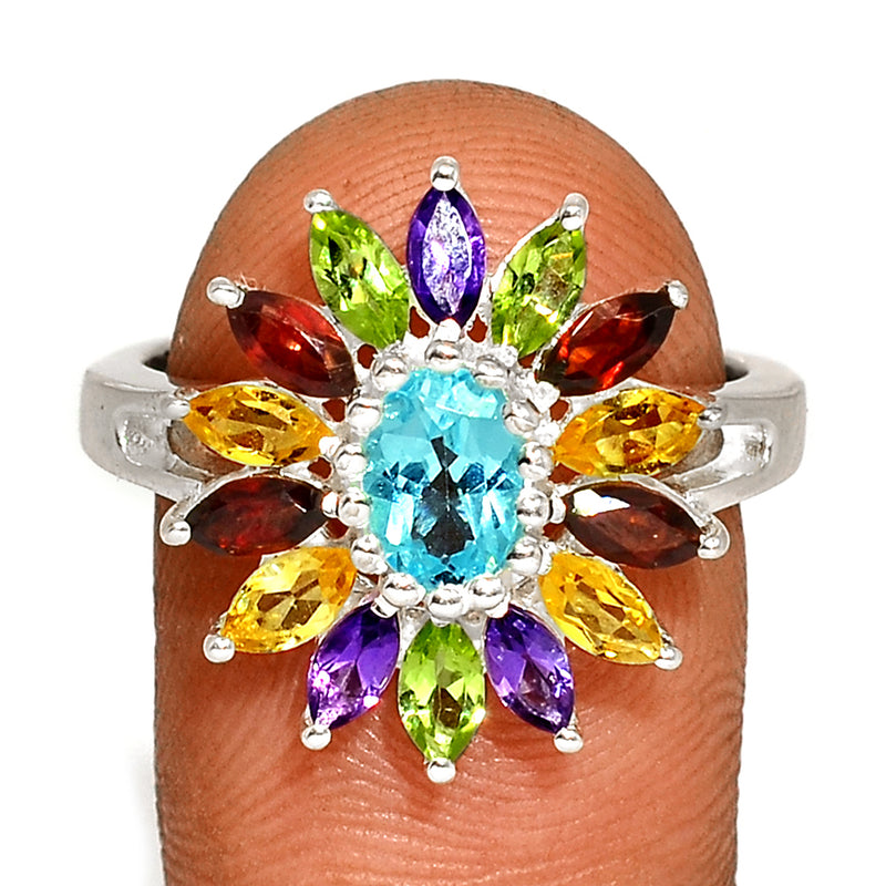 7*5 MM Oval - Blue Topaz With Multi Silver Ring - R5077MLT