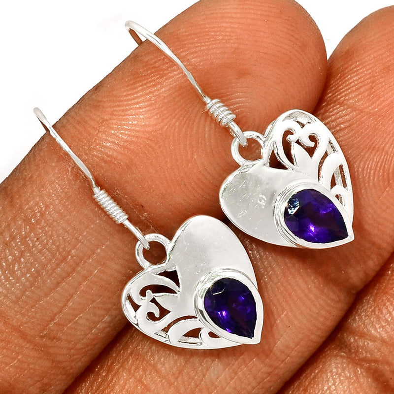 7*5 MM Pear With Heart - Amethyst Faceted Silver Earrings - ER2108A Catalogue
