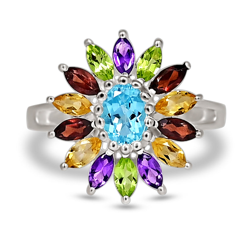 7*5 MM Oval - Blue Topaz With Multi Silver Ring - R5077MLT