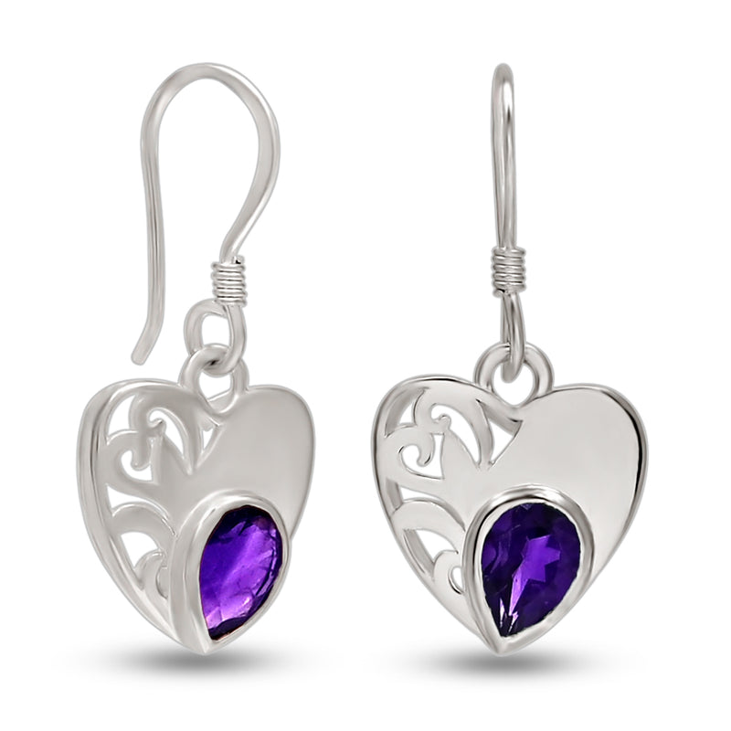 7*5 MM Pear With Heart - Amethyst Faceted Silver Earrings - ER2108A Catalogue