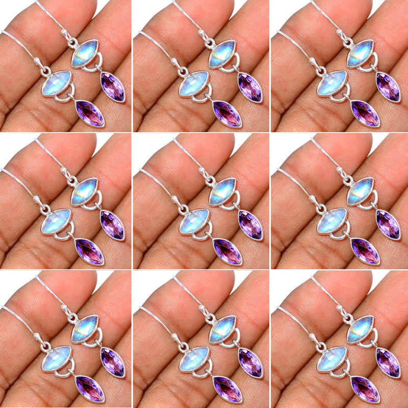 10 Pieces Mix Lot - Rainbow Moonstone & Amethyst Faceted Earrings - GDSNE14