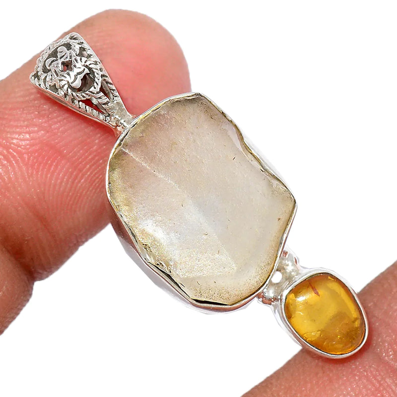 1.5" Designer - Libyan Desert Glass & Baltic Amber - Pendants - DSNP1586