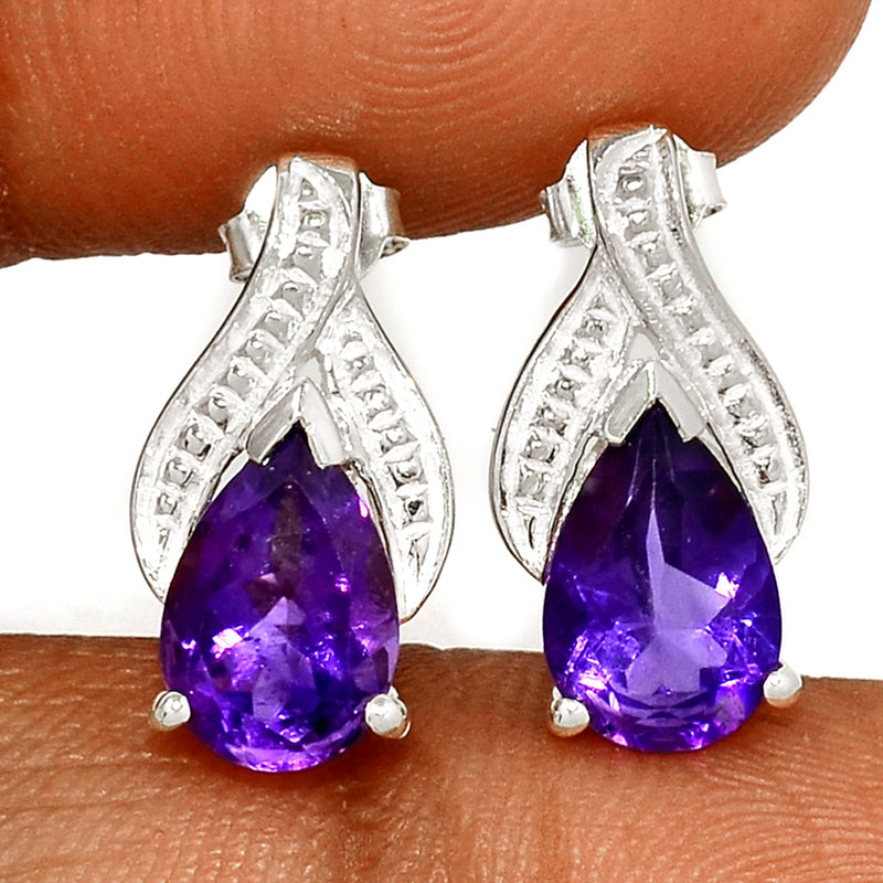 7*10 MM Pear - Amethyst Faceted Silver Earrings - ER2119A Catalogue