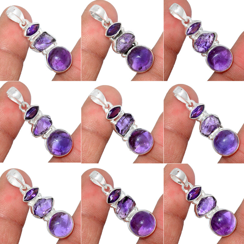 10 Pieces Mix Lot - Amethyst, Amethyst Rough & Amethyst Faceted Pendants - GAMCP4