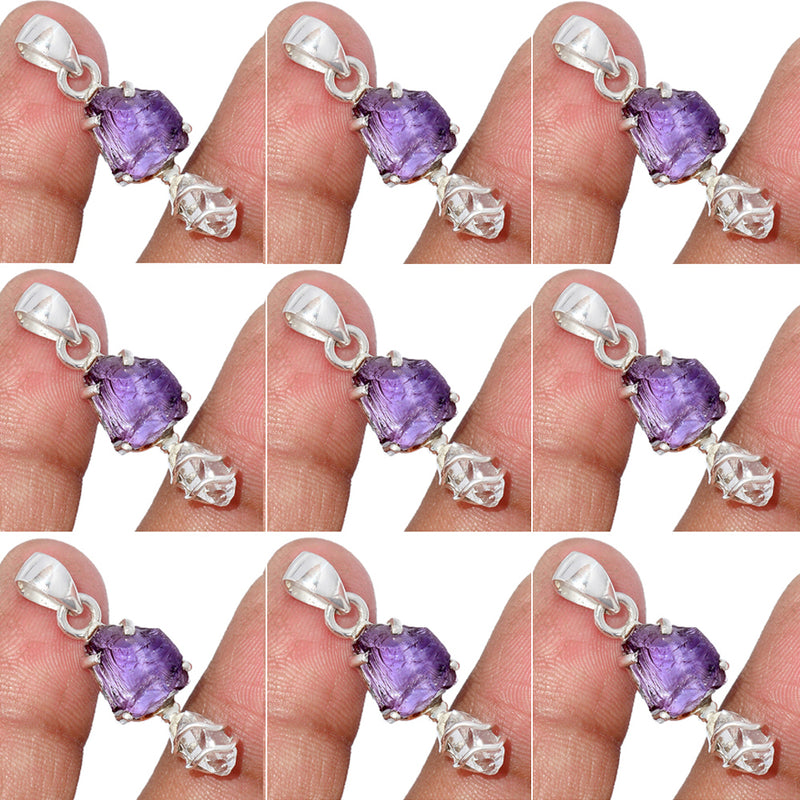 10 Pieces Mix Lot - Claw Setting - Amethyst Rough & Herkimer Diamond Pendants - GAMRP7