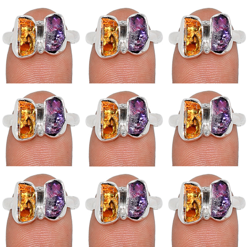 10 Pieces Mix Lot - Amethyst Rough & Citrine Rough Ring - GAMRR10