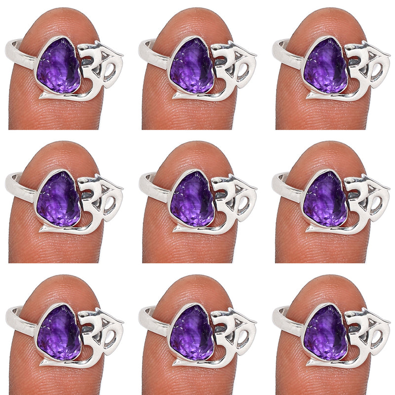 10 Pieces Mix Lot - Om Design - Amethyst Rough Ring - GAMRR7