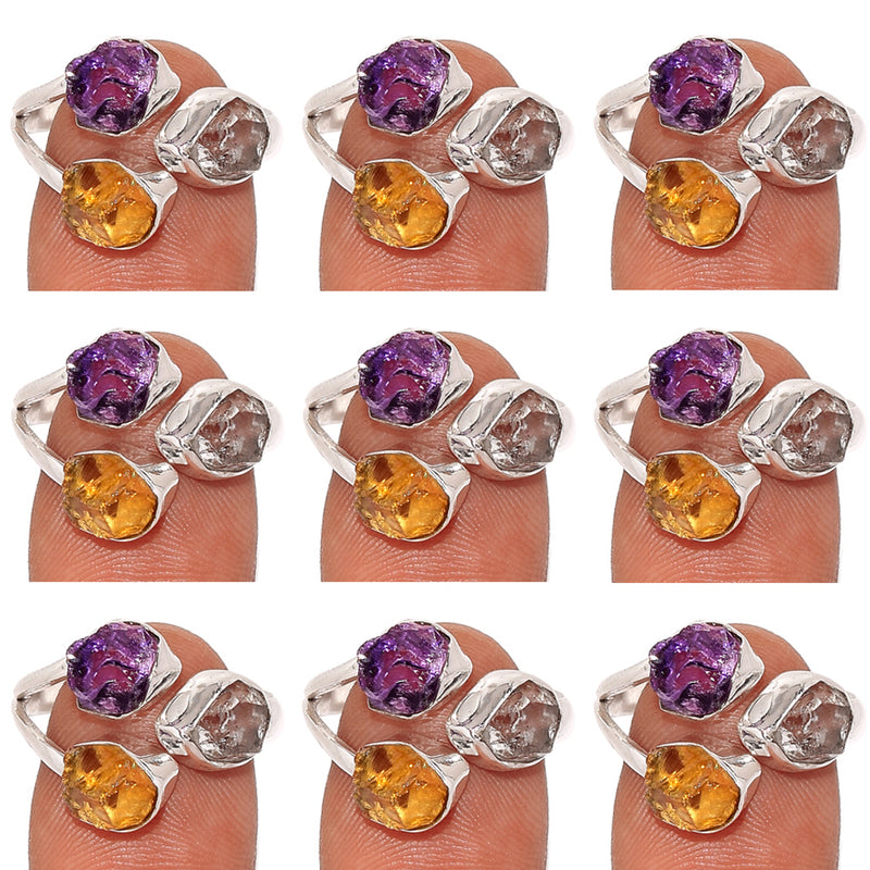 10 Pieces Mix Lot - Amethyst Rough, Citrine Rough & Herkimer Diamond Ring - GAMRR8