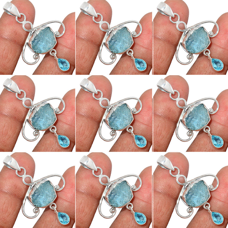 10 Pieces Mix Lot - Aquamarine Rough & Blue Topaz Pendants - GAQRP8