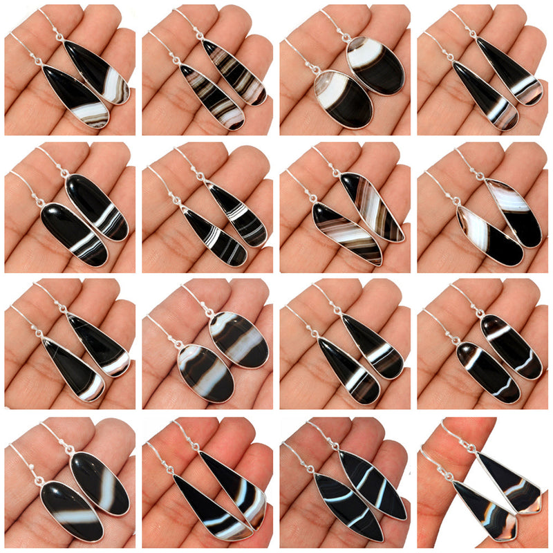 10 Pieces Mix Lot - Bezzel Setting - Black Banded Agate Earrings - GBBAE1
