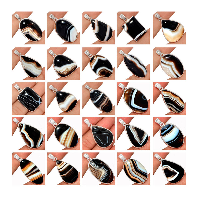 250 Grams Mix Lot - Black Banded Agate Pendants - GBBAP1