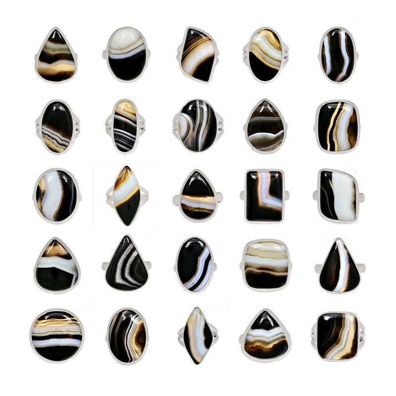 250 Grams Mix Lot - Black Banded Agate Ring - GBBAR1