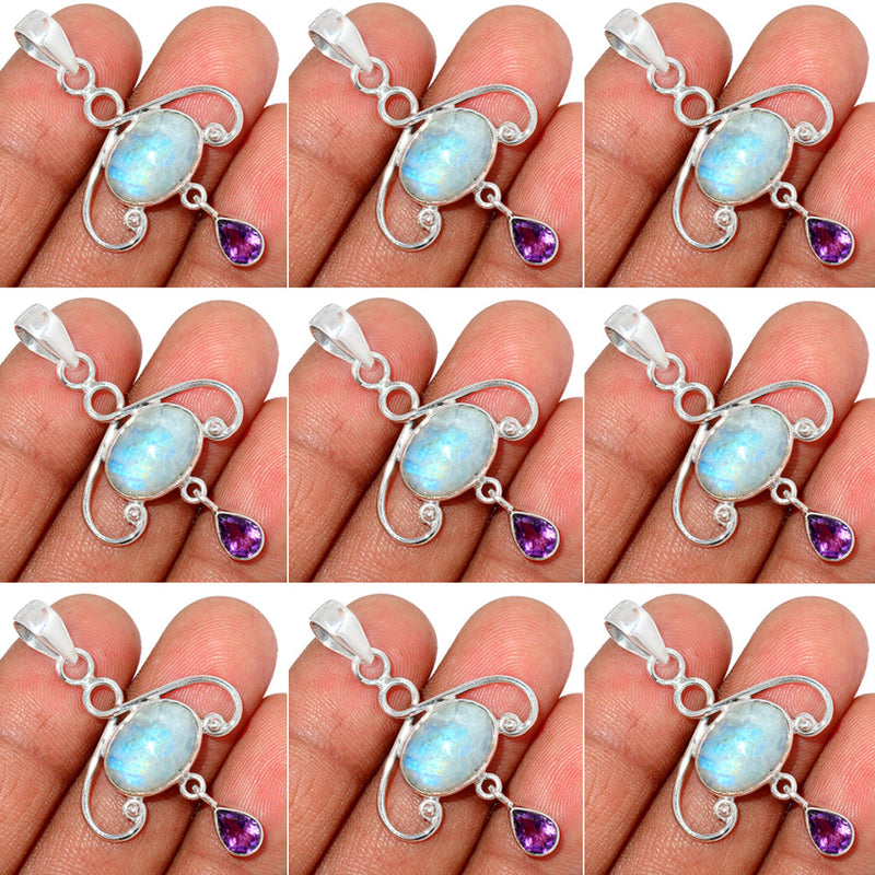 10 Pieces Mix Lot - Rainbow Moonstone & Amethyst Faceted Pendants - GBFMP6